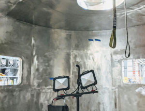 Custom spray dryer interior with uniform 2B finish shown with lights and strapping