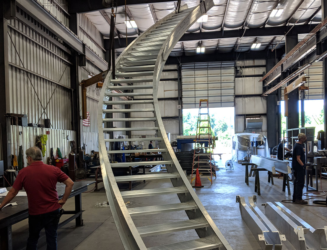 aluminum spiral staircase under construction