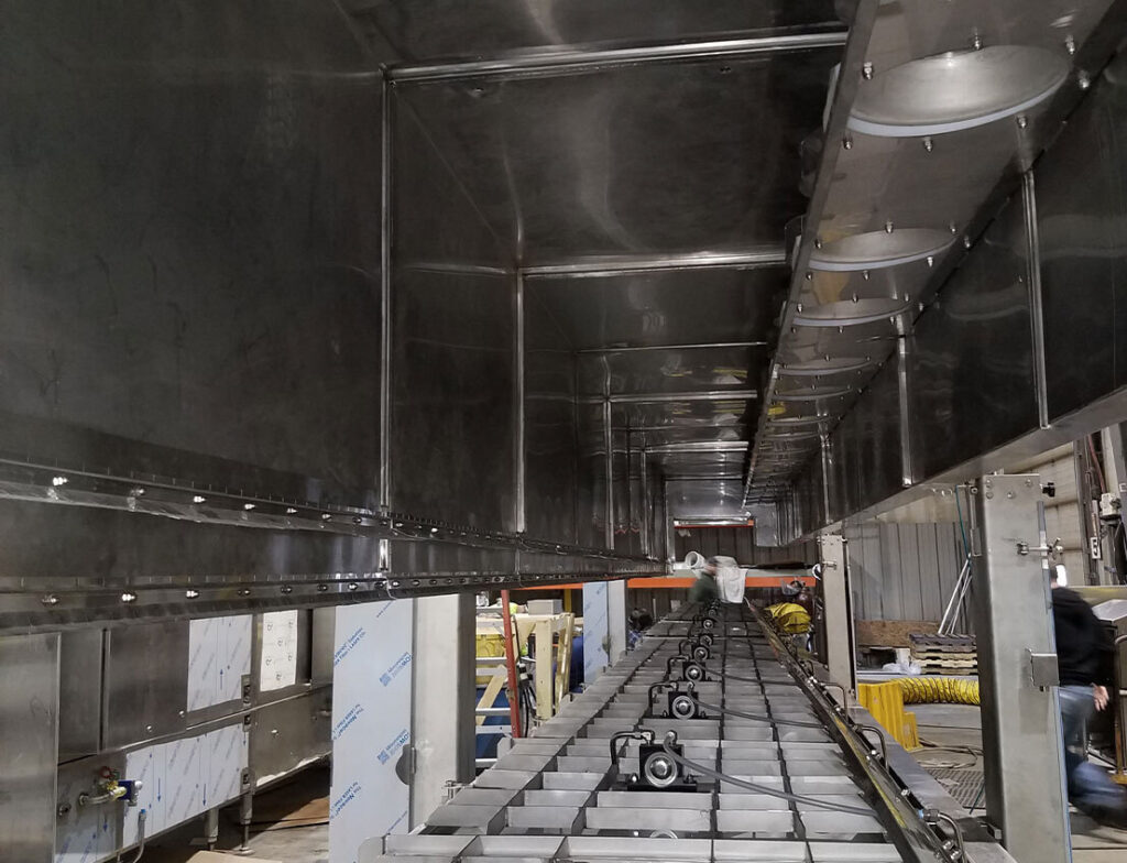 Food grade cryogenic or impingement freezer equipment under construction by our millwright fabricators in our US facility.
