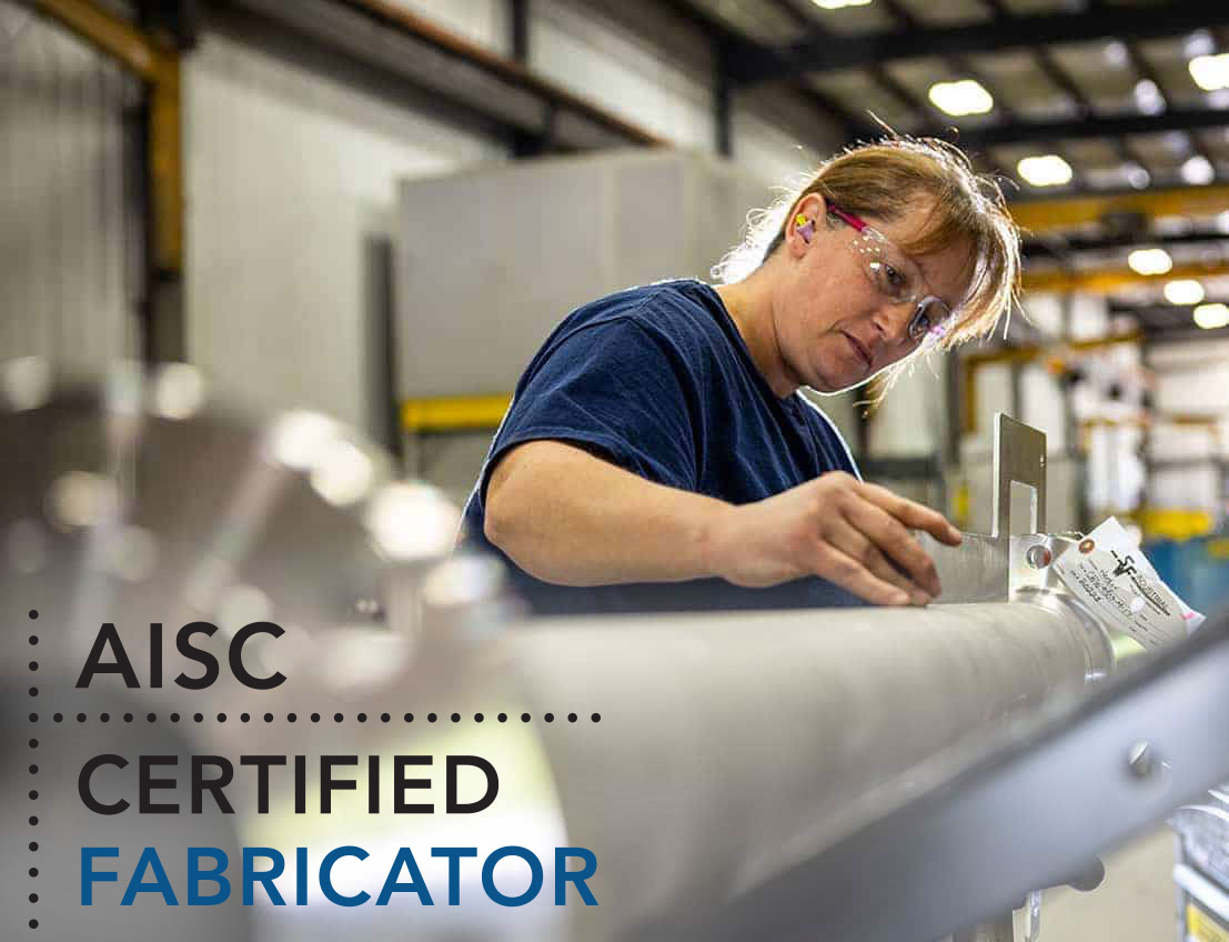 SWF employee doing quality assurance on a stainless steel pipe, with AISC certification icon overlayed