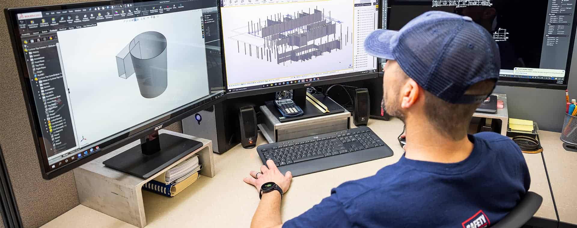 team member using TEKLA 3d modeling to work on a metalworking project wearing blue baseball cap with the word safety on his shirt