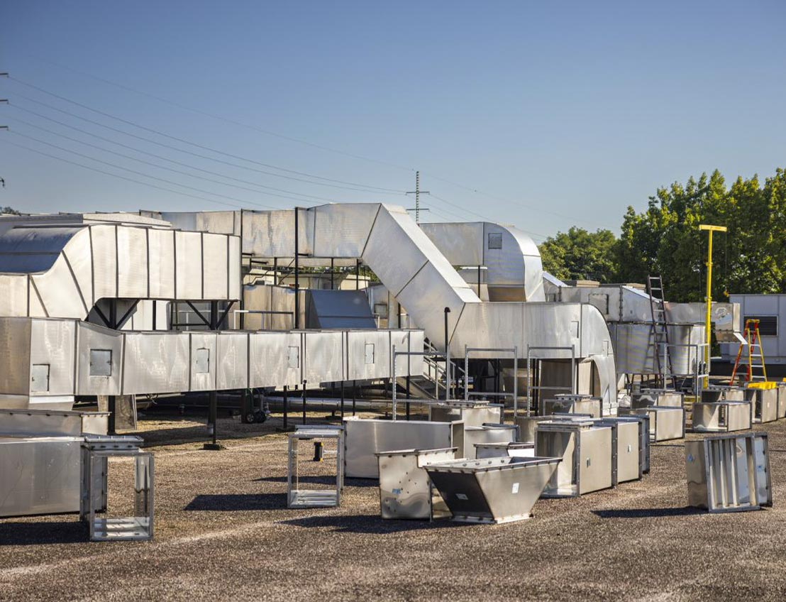 Roof top view of industrial ductwork being constructed