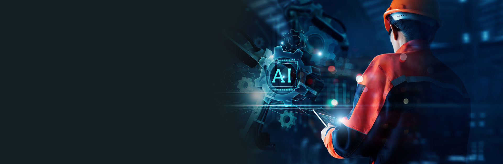 A fabrication expert stands facing machinery and using a tablet, with the letters AI superimposed.