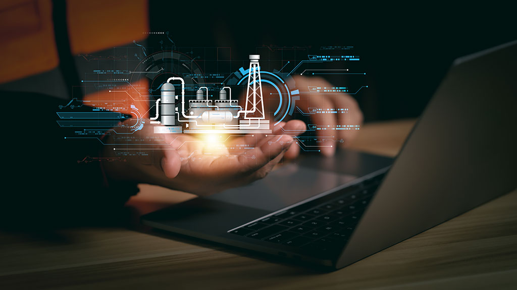 A man holds a virtual representation of his business in the palm of his hand while using AI.