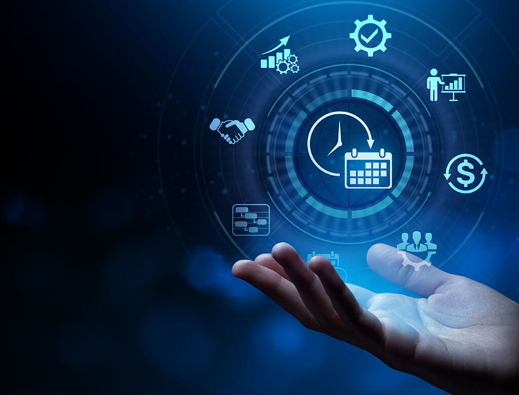 Stylized image of project planning and execution steps over a man's hand, indicating important steps in the field services process.