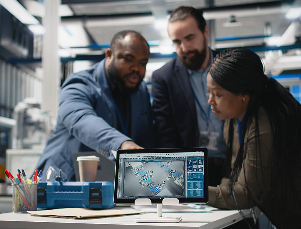 A team reviews plans on a desk with a tablet showing precise manufacturing fabrication drawings.
