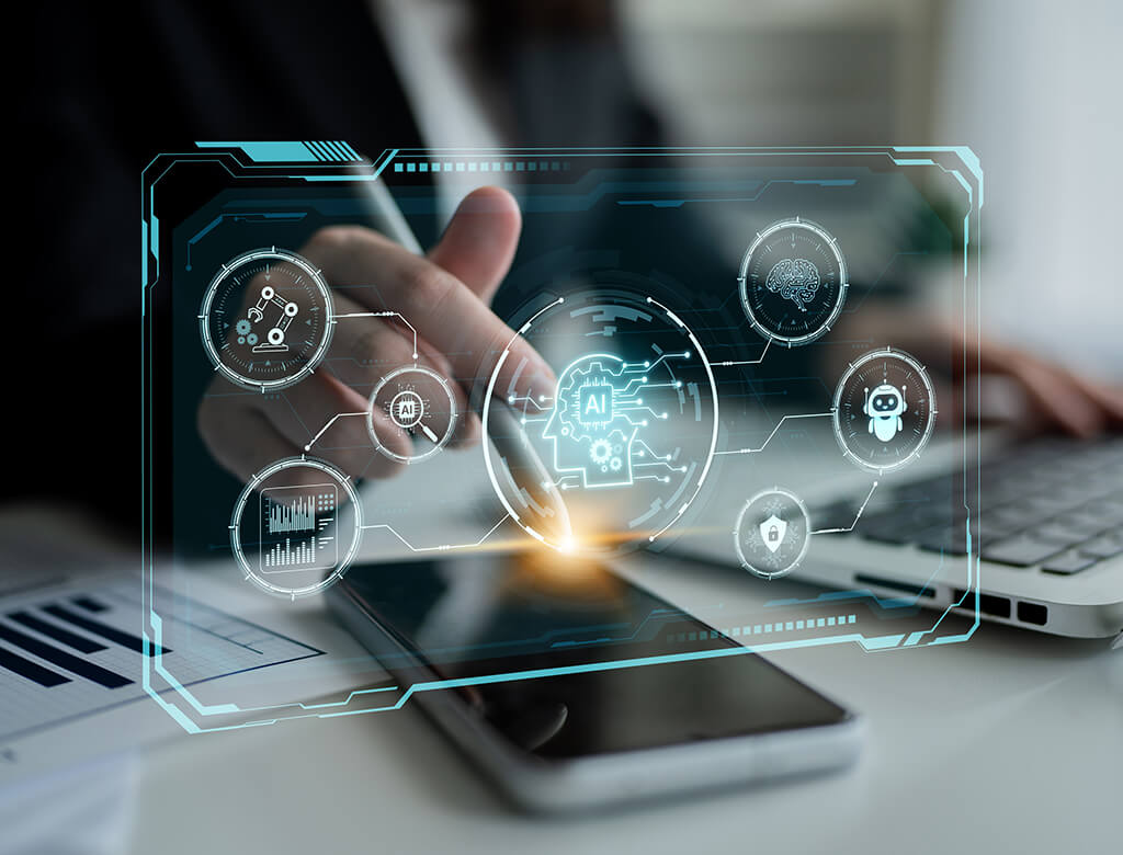 A stylized representation of what is on a smartphone screen, showing a central bubble for AI and how it ties into domestic energy infrastructure fabrication needs.