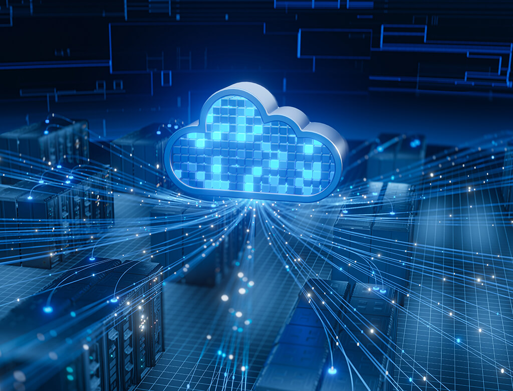 Data center floor rendered with a cloud and data flows in blue. 